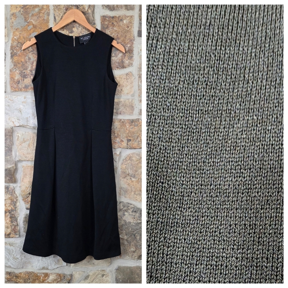 St John Caviar Wool Knit Black Sleeveless Sheath Dress